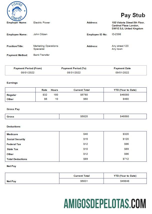 Realista Modelo de folha de pagamento de empresa de pesca em formatos Word e PDF